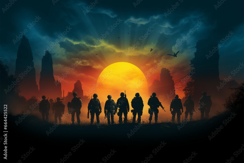 Defenders of Dusk Army soldier silhouettes at twilight, resolute guardians