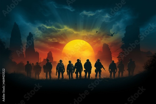 Defenders of Dusk Army soldier silhouettes at twilight, resolute guardians