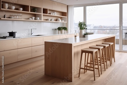 Modern scandinavian, minimalist interior design of kitchen with island