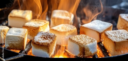 extreme close-up of marshmallows being toasted over 