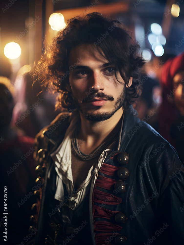 Pirate in a bar during a party, young handsome man dressedup as a