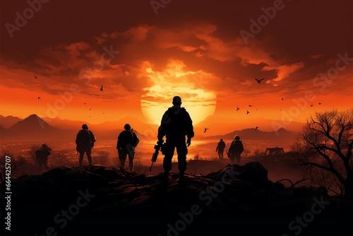 Desert sunsets backdrop American soldier silhouettes, a testament to dedication