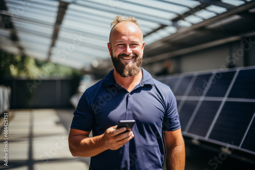 Smiling middle-aged man with a smartphone against the background of solar panels. Experienced entrepreneur runs a business installing solar panels. Alternative energy and smart home technology.
