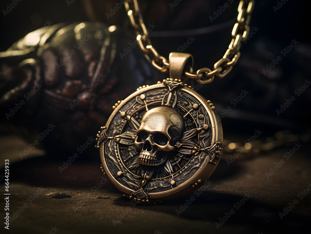 Naklejka premium pirate necklace, silver skull medal, golden skull medal, pirate treasure for a pirate event, pirate themed party, escape game, jewelry, necklace