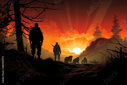 Dimly lit by the orange night  two silhouettes bear the weight of war