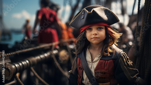 Pretty little boy in a pirate ship, on pirate costume for a birthday party, pirate kid, children in costume, halloween costume party, tricorn hat © GrafitiRex