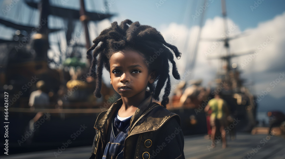 Naklejka premium little black boy in a pirate costume for a birthday party, pirate kid, children in costume, halloween costume party, on the deck of a ship, historical costume, young pirate, kid pirate