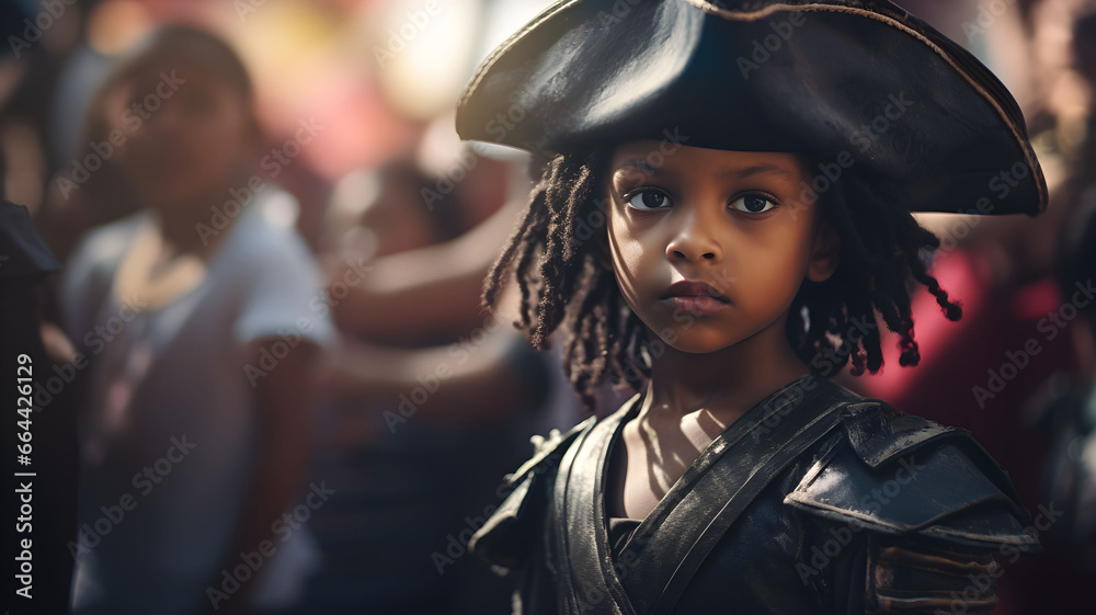 Fototapeta premium black little boy in a pirate costume on a ship, pirate kid, children in costume, halloween costume party, tricorn hat, historical costume, young pirate, kid pirate 