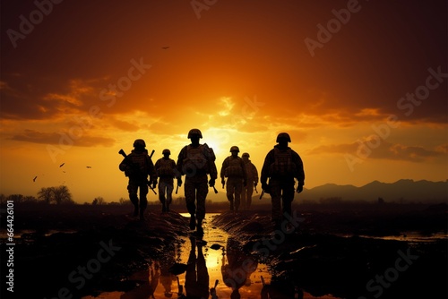 Dusk descends on a group of soldiers, their silhouettes strong