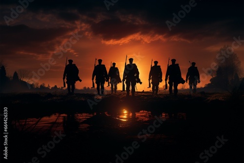 Dusks Defenders showcases soldiers resolute silhouettes against the twilight sunset