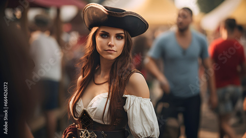 Woman in a pirate costume drinking a beer at a bar, historical costume, costume party, pirate costume, halloween costume, pirate party, pirate themed event, birthday, costume party