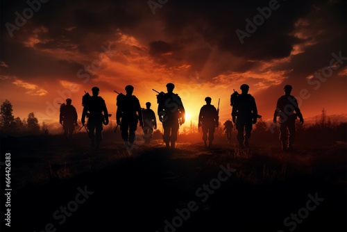 Dusks Defenders Soldiers silhouettes against the mesmerizing sunset backdrop