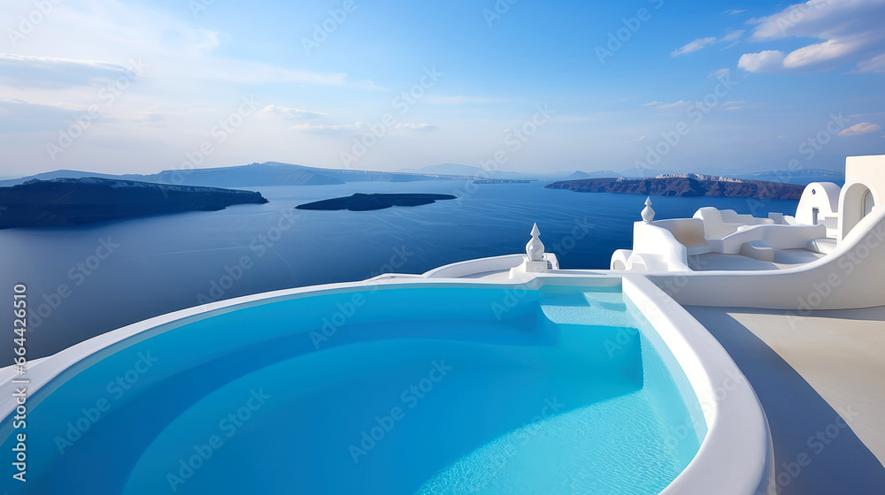 View from luxury villa with pool , sea , greek island , santorini