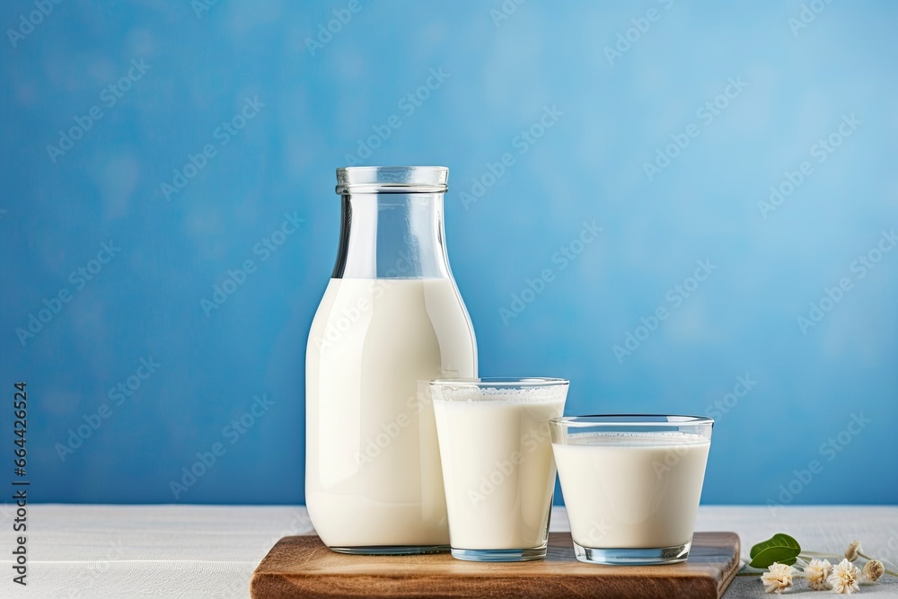 A bottle of milk and a glass of milk on a wooden table on a blue background. A bottle of milk and a glass of milk on a wooden table on a blue background.