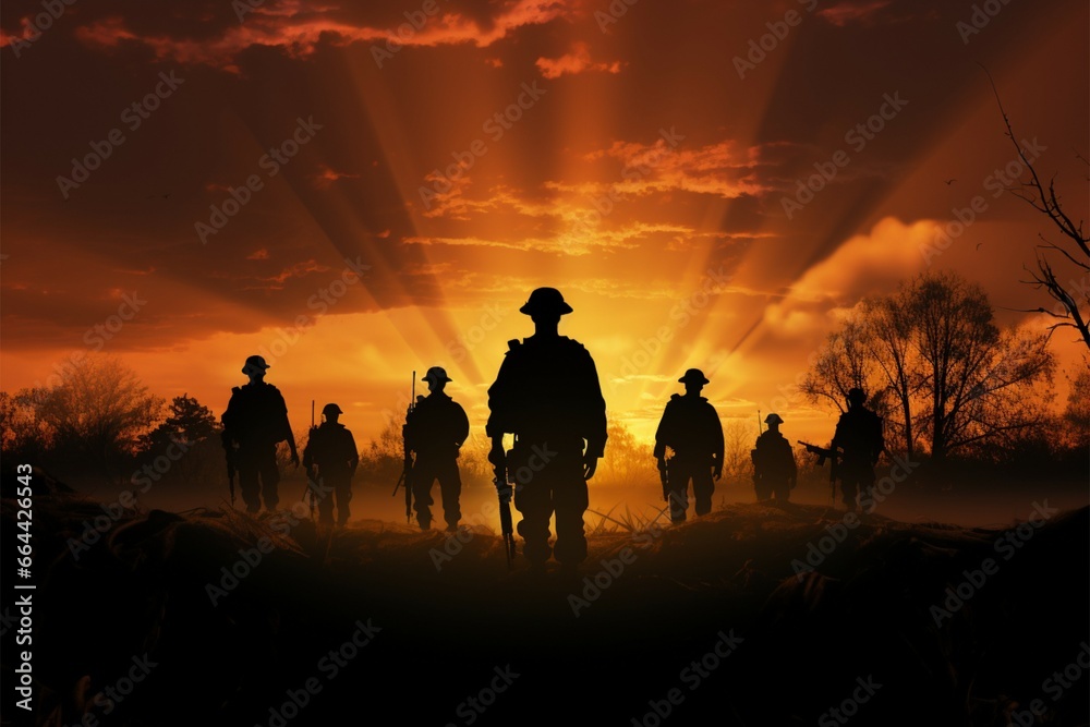 Field at sunset, soldiers silhouettes, a tribute to service and sacrifice - obrazy, fototapety, plakaty 