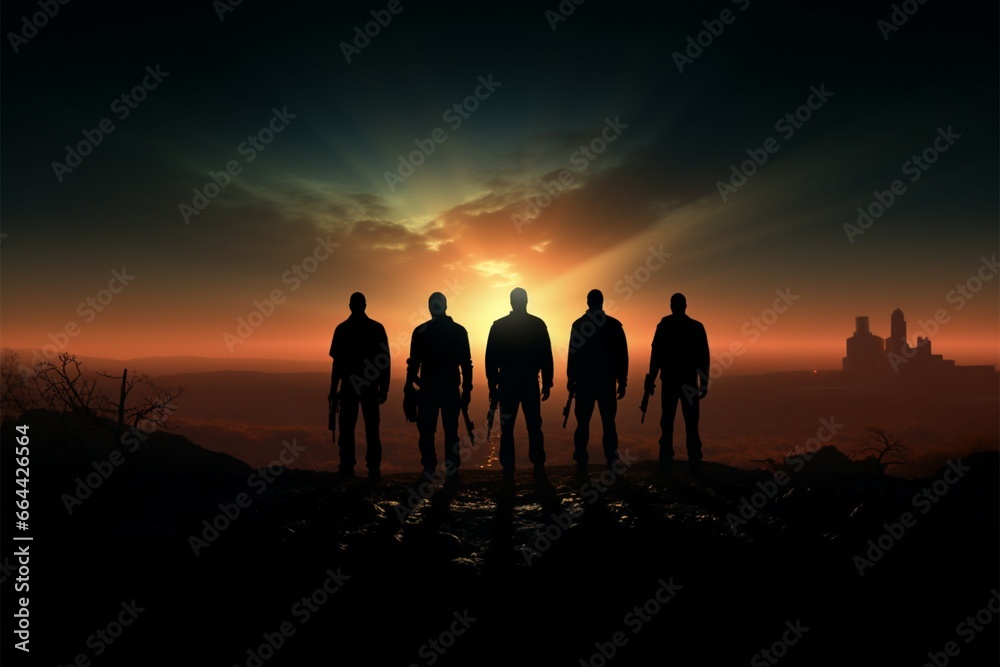 Four armed men, alone in their silhouette, exemplify unity and resolve Four armed men, alone in their silhouette, exemplify unity and resolve