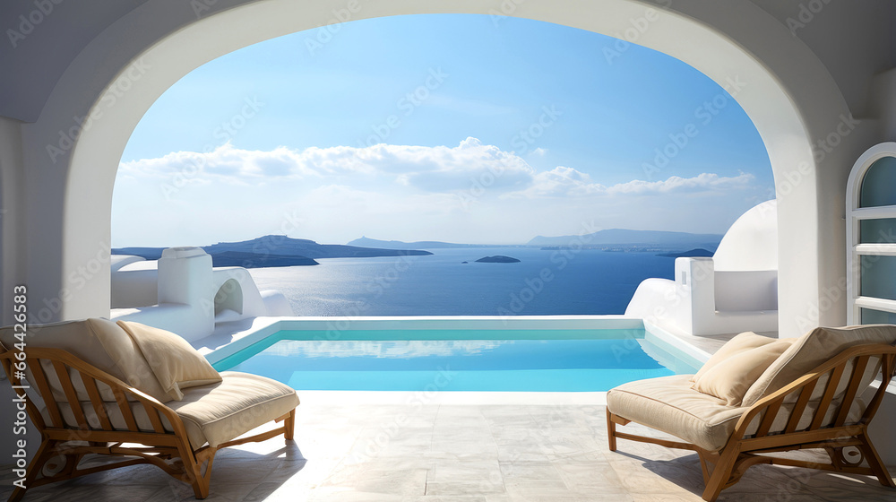 View from luxury villa with pool , sea , greek island , santorini View from luxury villa with pool , sea , greek island , santorini