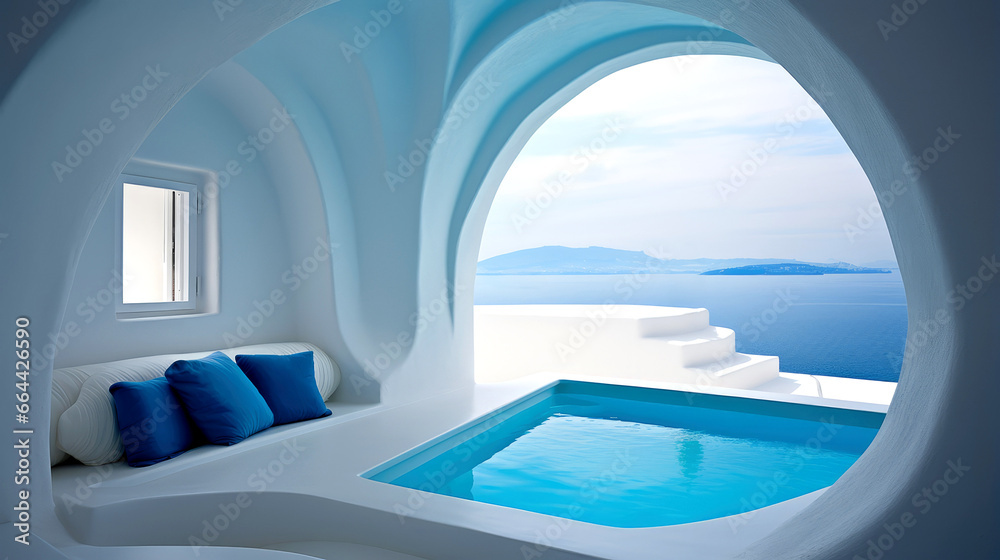 View from luxury villa with pool , sea , greek island , santorini