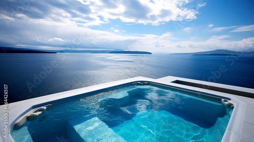 View from luxury villa with pool   sea   greek island   santorini