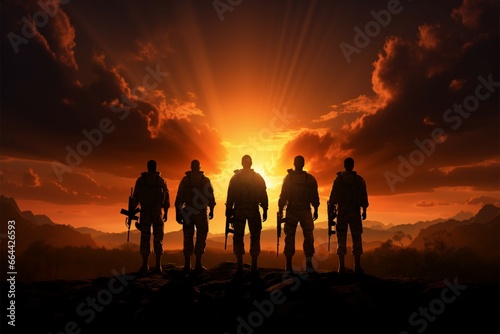 Four military figures stand beneath the setting suns warm embrace