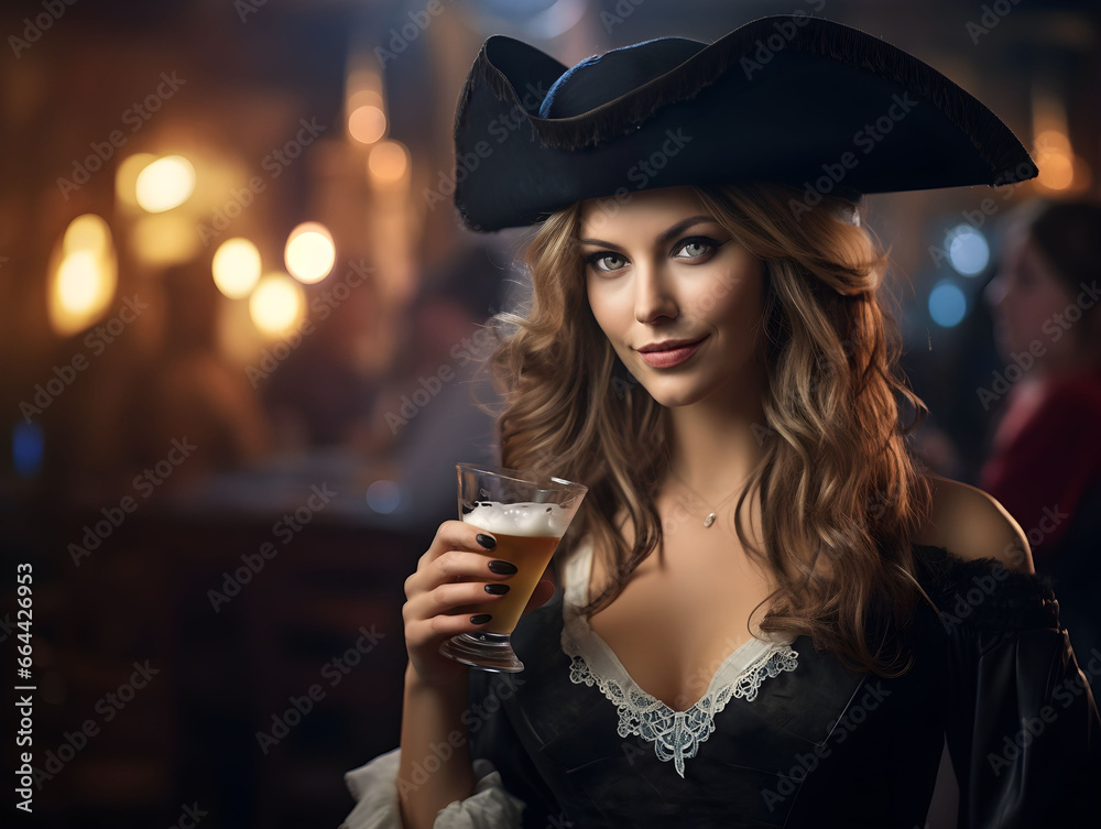 Fototapeta premium Woman in a pirate costume drinking a beer at a bar, historical costume, costume party, pirate costume, halloween costume, pirate party, pirate themed event, birthday, costume party