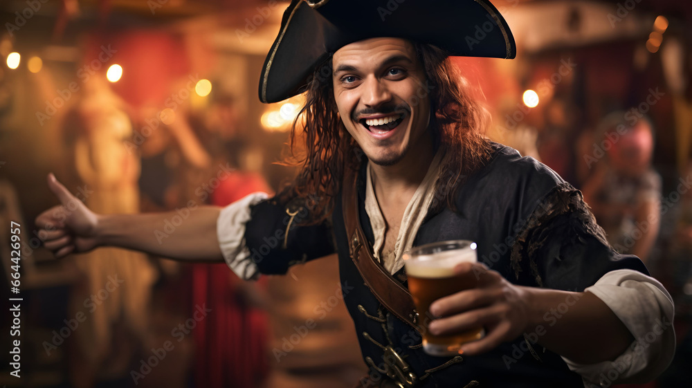 Obraz premium Man in a pirate costume drinking a beer at a bar, costume party, pirate costume, halloween costume, pirate party, pirate themed event, birthday, costume party
