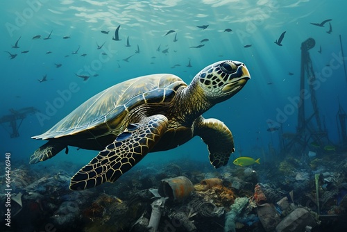 An oceanic scene depicting pollution with trash, a Caretta Caretta turtle, and fish. Generative AI