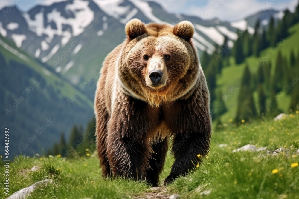 Brown bear moving on the green meadow in springtime nature. Brown bear moving on the green meadow in springtime nature.