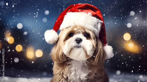 Dog with red santa claus hat , christmas and new year background  © ZEKINDIGITAL