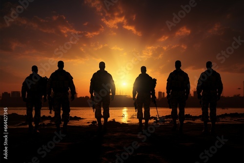 In the evening glow, four military personnel silhouette against the sunset
