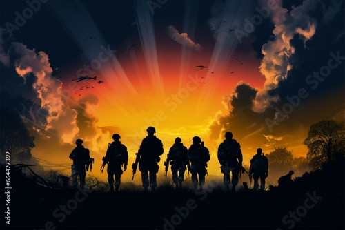 In The Quiet Warriors, soldiers silhouettes embody unwavering combat spirit