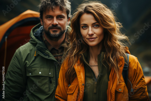 Portrait of happy young couple in the mountains against the backdrop of a tent camp. Caucasian family in outwear is engaged in a mountain hike. Active lifestyle, tourism and vacation concept.