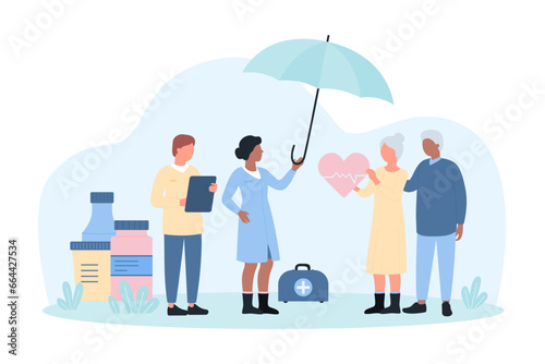 Life and health insurance for senior citizens vector illustration. Cartoon tiny people holding umbrella to care and protect couple of elderly people, safety and medical support for old patients