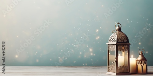 Celebration of islamic eid mubarak and eid al adha lantern in a light background. photo