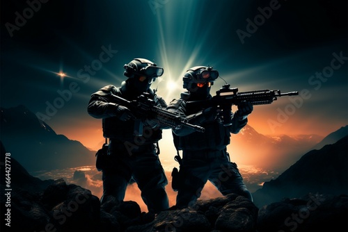 Lunar brilliance two soldiers with lasers in front of the moon