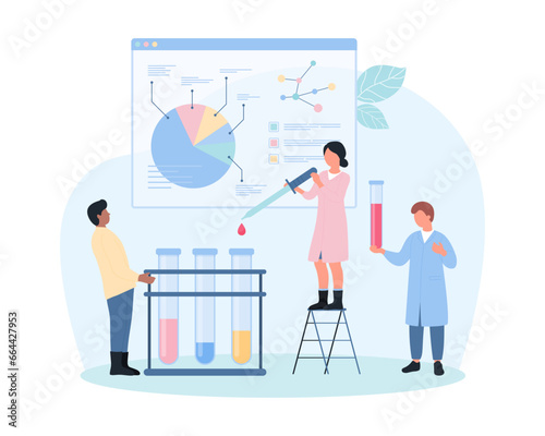 Blood test, hematology vector illustration. Cartoon tiny doctors holding pipette and lab vials with blood samples to research in laboratory, medical professional analysis on chart and examination