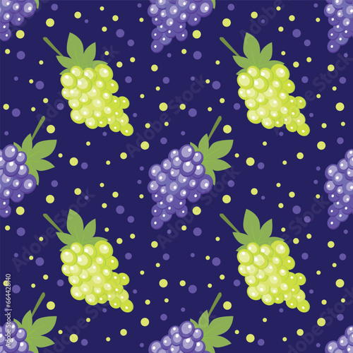 Bunch of blue and green grape set seamless pattern on colorful background. Vector illustration.
