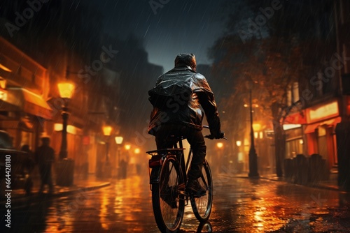 A man riding a bicycle on a rainy evening street photo