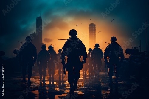 NATO soldiers silhouettes juxtaposed with advanced military equipment in formation