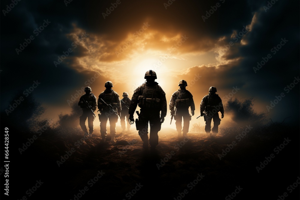 Photorealistic portrayal of a soldier teams silhouette, an astounding masterpiece