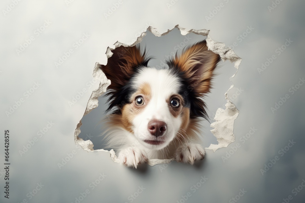 Cute Puppy peeking out of a hole in wall, torn hole, empty copy space frame Cute Puppy peeking out of a hole in wall, torn hole, empty copy space frame