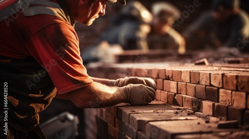 Close up of bricklayer building walls photo
