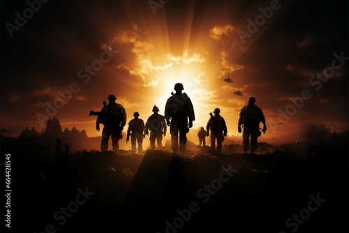 Photorealistic portrayal of a soldier teams silhouette  an astounding masterpiece