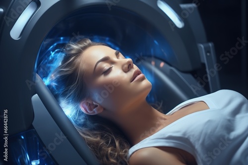 Female patient undergoing MRI - Magnetic resonance imaging in Hospital.