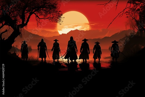 Seven silhouetted samurai  a formidable force beneath the rising sun