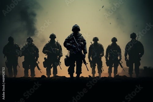 Shadowed army soldiers portrayed with a minimalist side silhouette effect