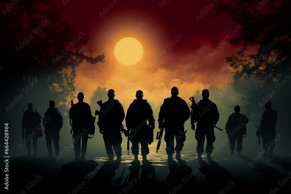 Shadows of Valor soldiers enigmatic silhouettes, embodying courage and honor