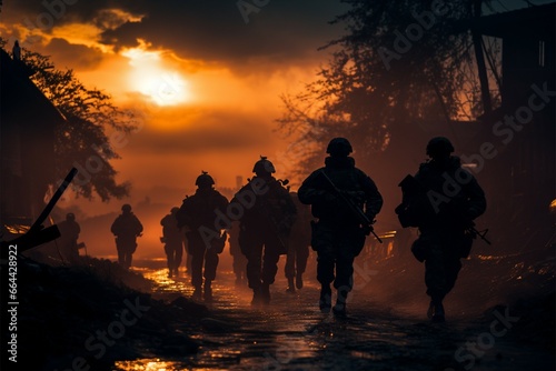 Shadowed soldiers amidst the chaos of a war torn battleground