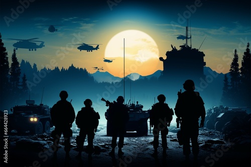 Sharp silhouettes of NATO soldiers set against an array of military hardware