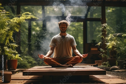 Man practices yoga on a wooden terrace